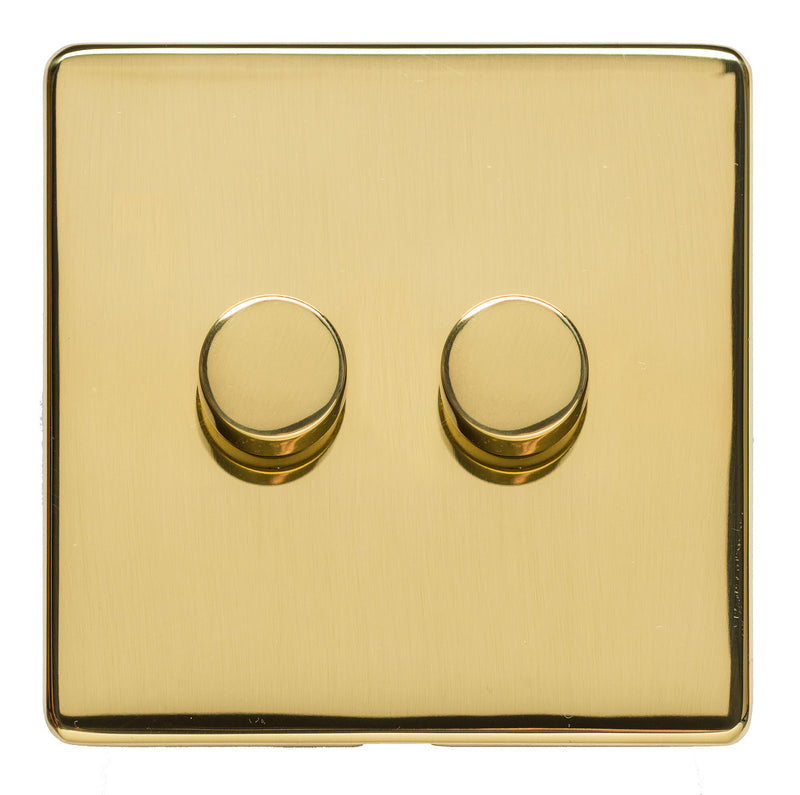 2 Gang DImmer Switch - Studio Concealed Fix Range - Flat Screwless Plate With Rounded Edges - Polished Brass