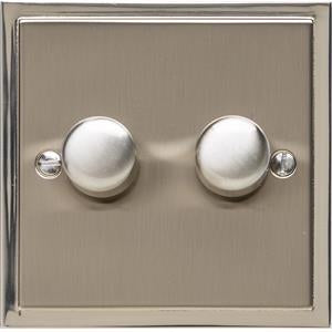 2 Gang Dimmer Switch - Elite Stepped Pattern Plate - Flat Plate With Square Edges - Dual Finish Satin Nickel & Polished Nickel