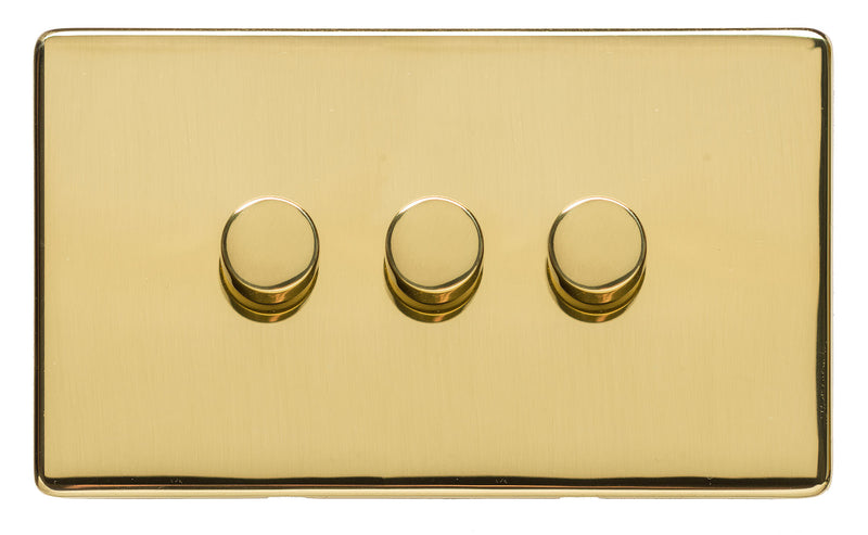 3 Gang Dimmer Switch - Studio Concealed Fix Range - Flat Screwless Plate With Rounded Edges - Polished Brass