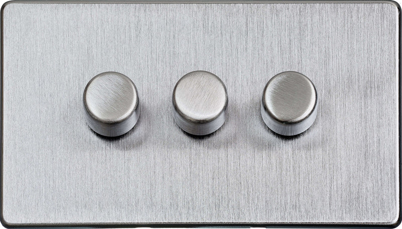 3 Gang Dimmer Light Switch - Studio Concealed Fix Plate Light Switch & Socket Range - Flat Screwless Plate With Rounded Edges - Satin Chrome