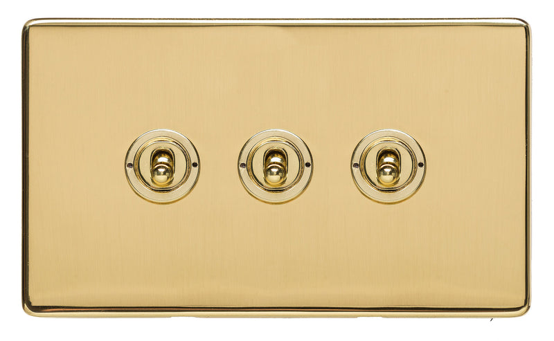 3 Gang Dolly Toggle Switch - Studio Concealed Fix Range - Flat Screwless Plate With Rounded Edges - Polished Brass