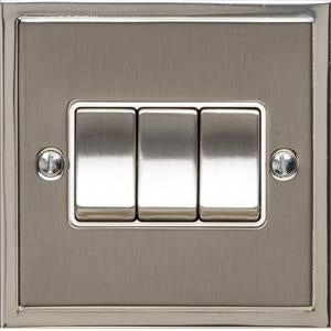 3 Gang Light Switch - Elite Stepped Pattern Plate - Flat Plate With Square Edges - Dual Finish Satin Nickel & Polished Nickel