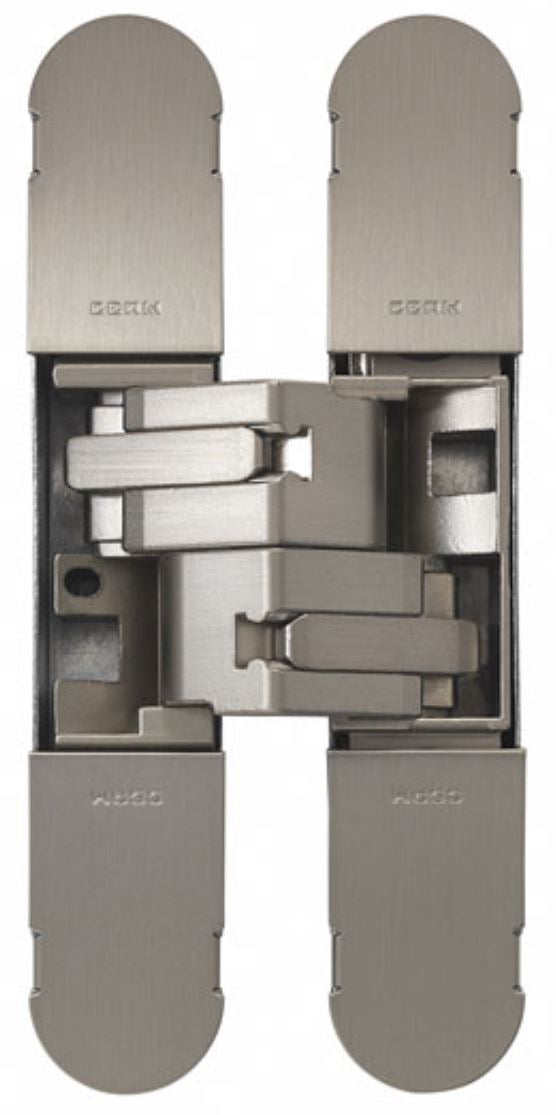 Concealed Adjustable Hinge For Invisible Doors - 134mm x 24mm - Satin Nickel