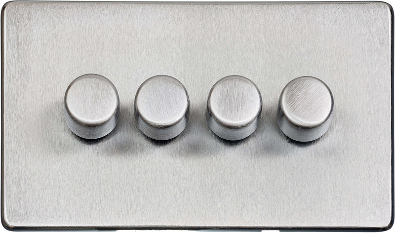 4 Gang Dimmer Light Switch - Studio Concealed Fix Plate Light Switch & Socket Range - Flat Screwless Plate With Rounded Edges - Satin Chrome