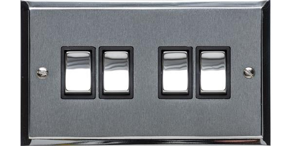 4 Gang Light Switch - Elite Stepped Pattern Plate - Flat Plate With Square Edges - Dual Finish Satin Chrome & Polished Chrome