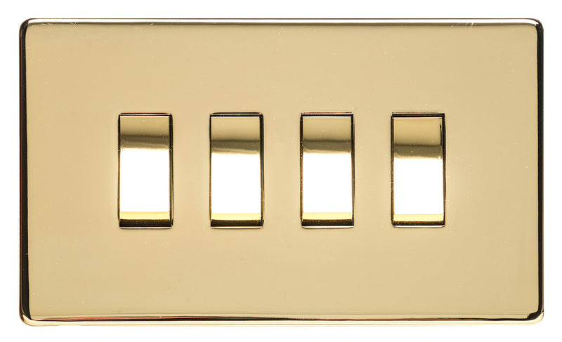 4 Gang Light Switch - Studio Concealed Fix Range - Flat Screwless Plate With Rounded Edges - Polished Brass