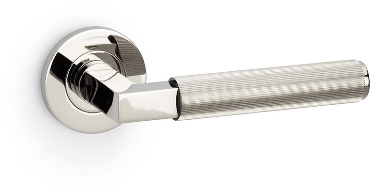 Hurricane Reeded Lever Handle On Concealed Fix Low Profile Round Rose - Polished Nickel PVD