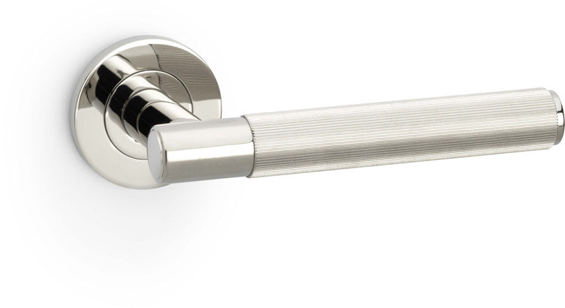 Spitfire Reeded Lever Handle On Concealed Fix Low Profile Round Rose - Polished Nickel PVD