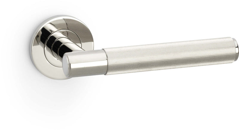 Spitfire Reeded Lever Handle On Concealed Fix Low Profile Round Rose - Polished Nickel PVD