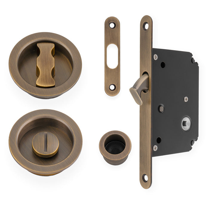 Flush Fitting Round Design Bathroom Turn And Release Set With Hook Lock For Sliding Doors Antique Brass