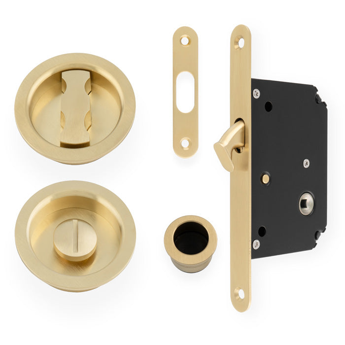 Flush Fitting Round Design Bathroom Turn And Release Set With Hook Lock For Sliding Doors PVD Satin Brass Plated