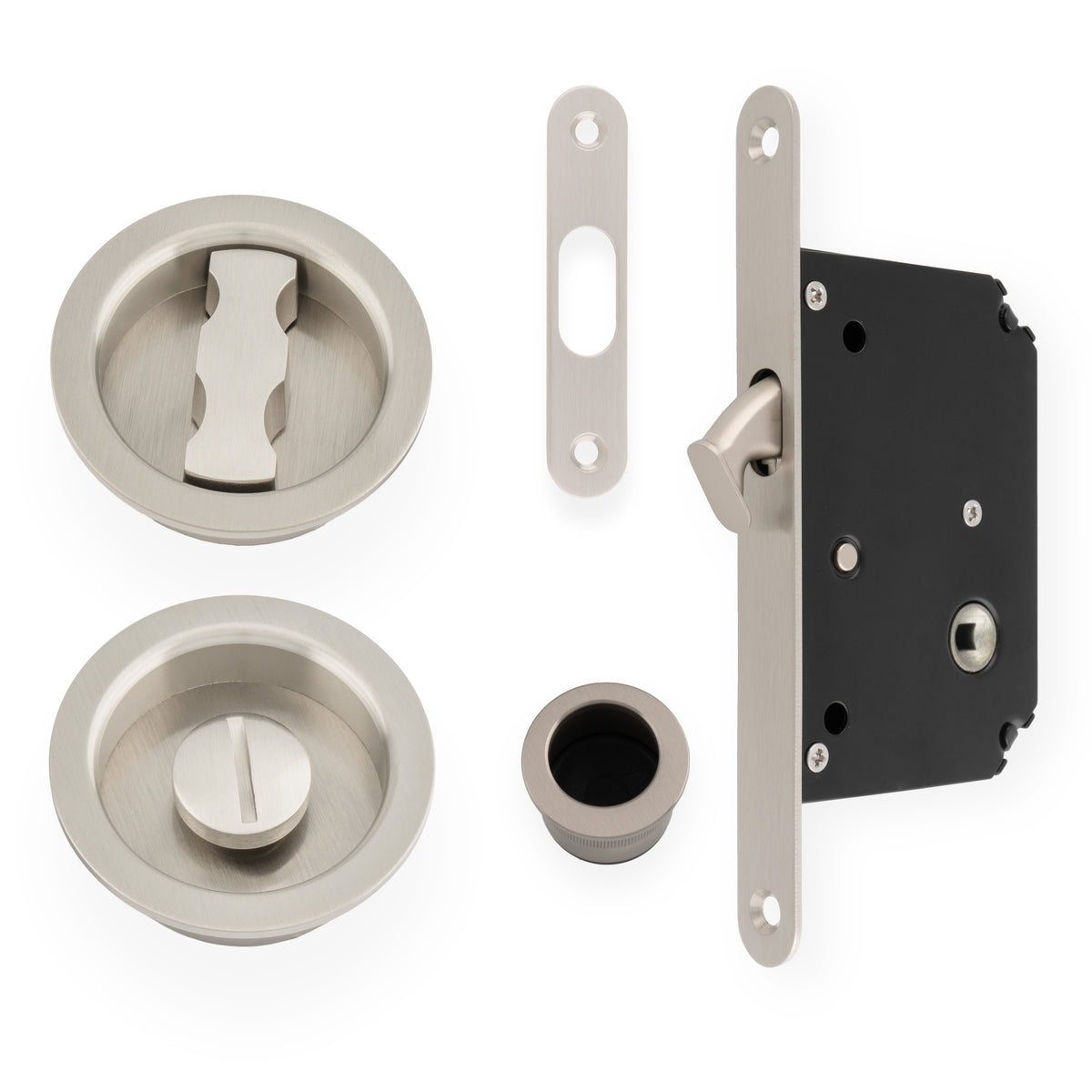 Flush Fitting Round Design Bathroom Turn And Release Set With Hook Lock For Sliding Doors Satin Nickel
