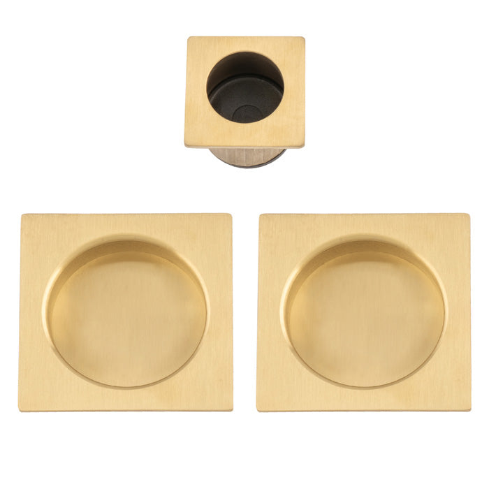 Square Flush Handle Set For Sliding Pocket Doors PVD Satin Brass Plated