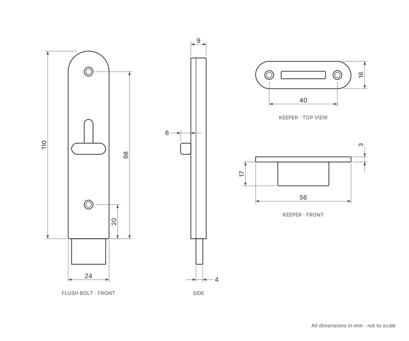 Flush Bolt To Suit Huskyfold 30 Kits - 110mm x 24mm - Satin Nickel - Dimensions