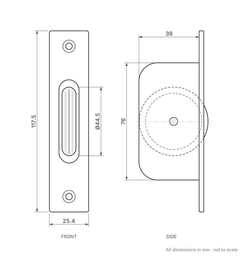 Ball bearing sash pulley dimensions - forend 117.5mm x 25.4mm, body 76mm high x 39mm deep, 44.5mm wheel