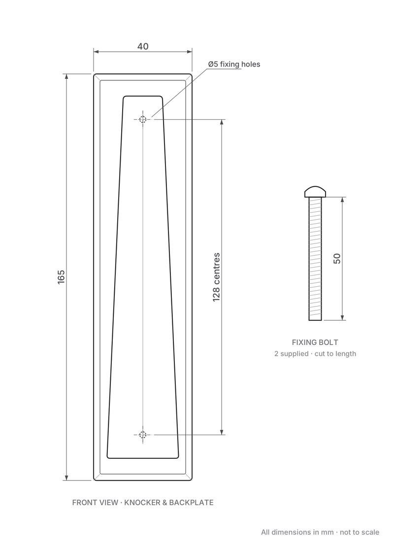 Slim Style Door Knocker 165mm x 40mm - dimensions: 165mm x 40mm backplate, 128mm fixing centres