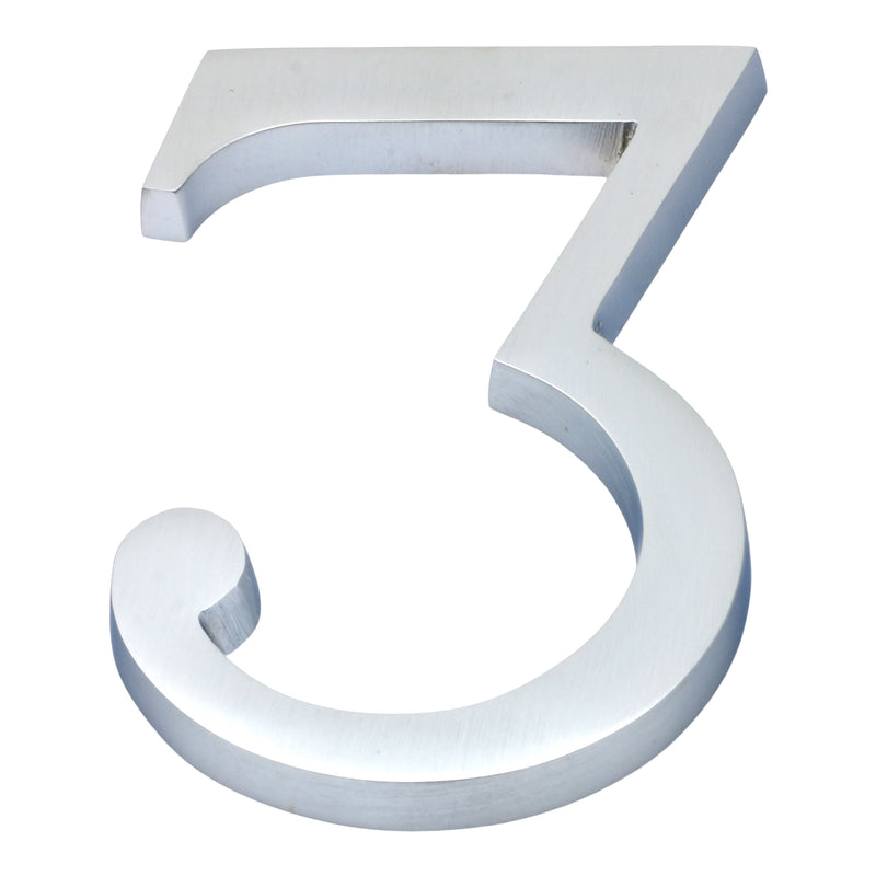 Large Bold Style Pin Fix Front Door Numbers - 102mm Height High - Satin Chrome Number 3