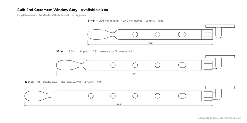 Bulb End Casement Window Stay - Available sizes - 8 inch (203mm), 10 inch (254mm) and 12 inch (305mm)