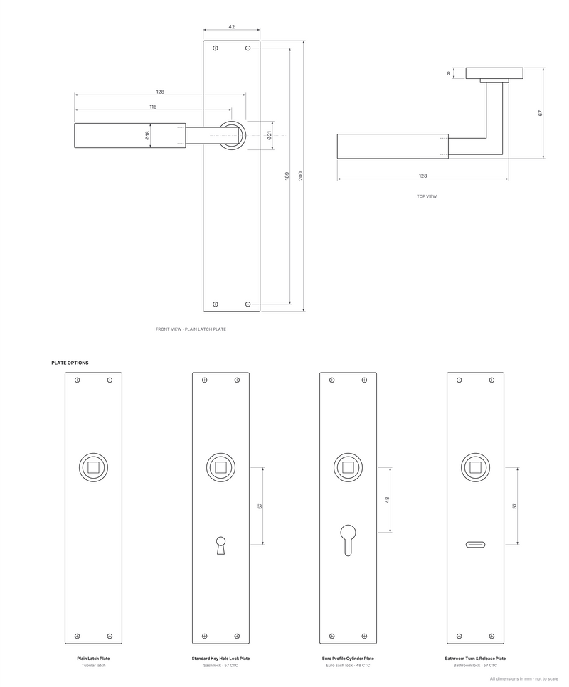 Bauhaus Lever on 200mm backplate dimensions – 200 x 42mm plate (8mm thick), 189mm fixing centres, 128mm lever, 67mm projection, Ø21 rose; latch, lock (57 CTC), euro (48 CTC) and bathroom (57 CTC) plate options