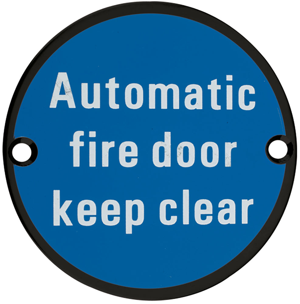 Automatic Fire Door Keep Clear - Circular Screw Fix Sign - Matt Black Edge With Blue Background