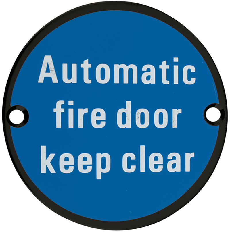 Automatic Fire Door Keep Clear - Circular Screw Fix Sign - Matt Black Edge With Blue Background