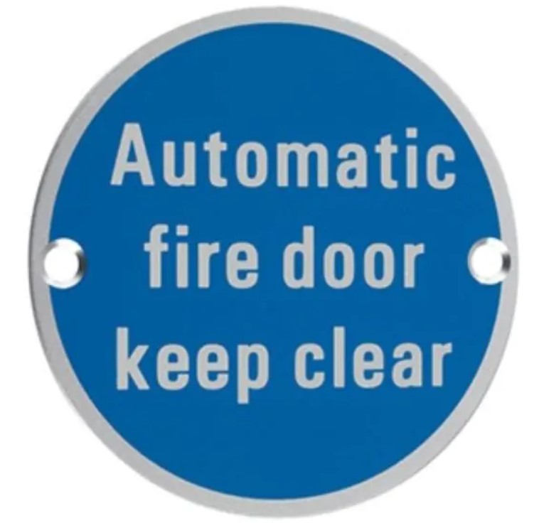 Automatic fire door keep clear sign - blue background satin stainless steel