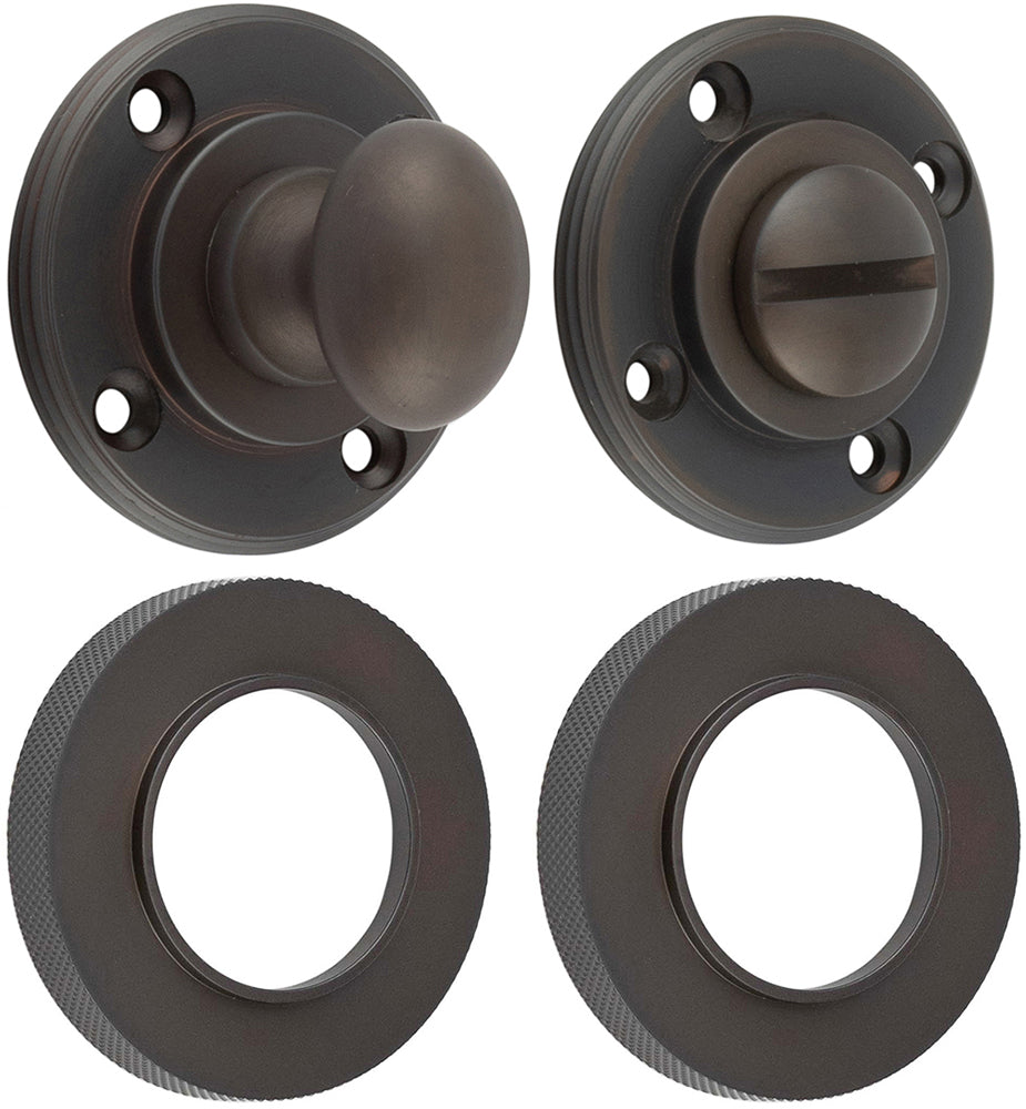 Bathroom Oval Knob Turn & Release With Knurled Round Rose - 53mm x 10mm - Dark Bronze