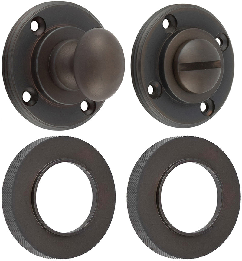 Bathroom Oval Knob Turn & Release With Knurled Round Rose - 53mm x 10mm - Dark Bronze