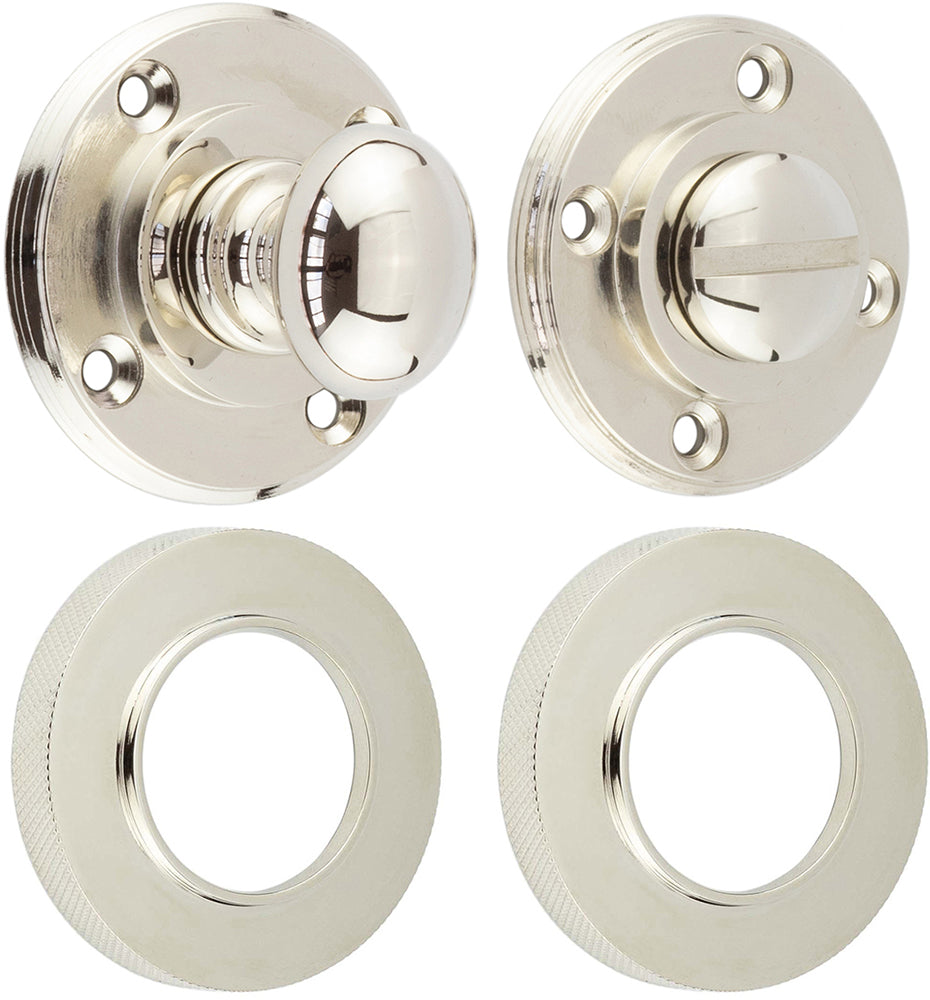 Bathroom Oval Knob Turn & Release With Knurled Round Rose - 53mm x 10mm - Polished Nickel