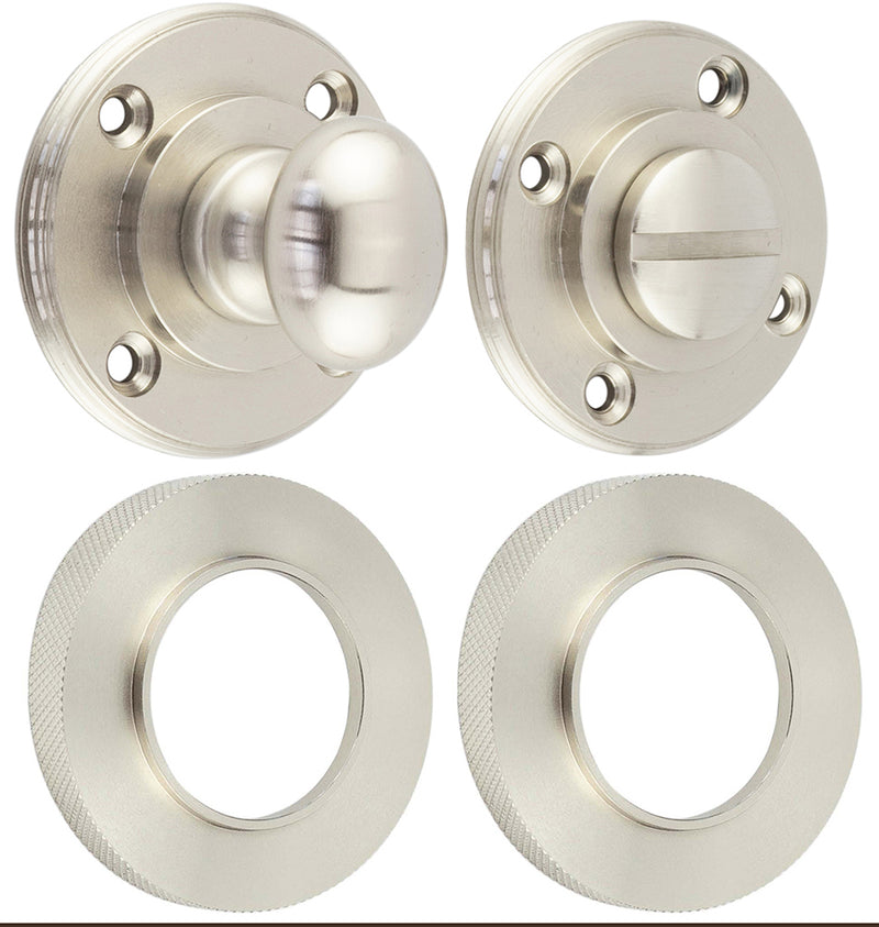 Bathroom Oval Knob Turn & Release With Knurled Round Rose - 53mm x 10mm - Satin Nickel