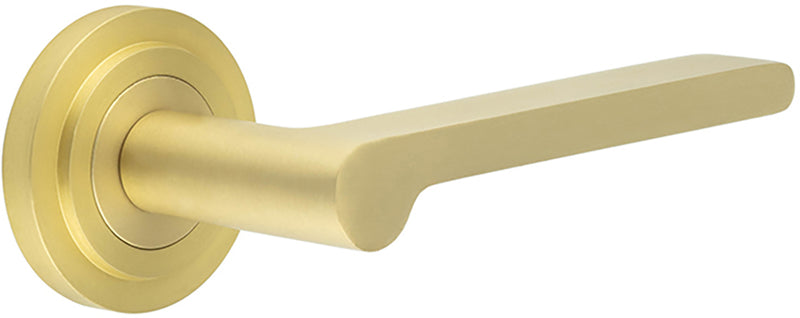 Blade Pattern Lever Handles With Stepped Round Rose - Suitable For Use With FD30 / FD60 Fire Doors - Satin Brass