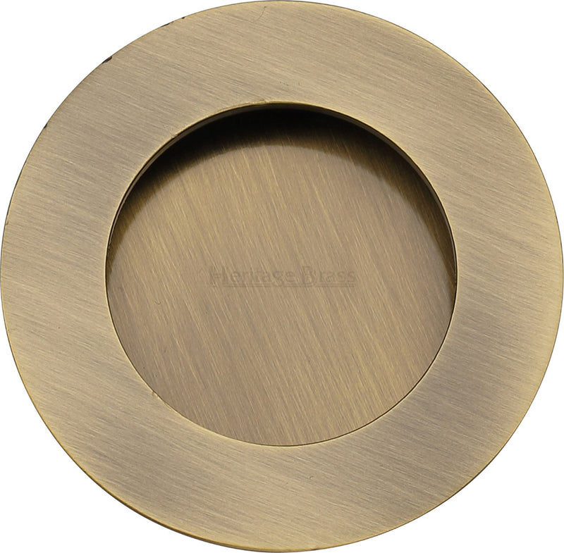 Circular Flush Pull Handle For Sliding Pocket Doors - 63mm Diameter - Antique Brass