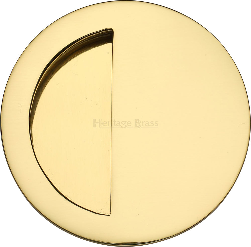 Circular Flush Pull Handle With Semi Circle Half Moon Grip - 89mm Diameter - Polished Brass
