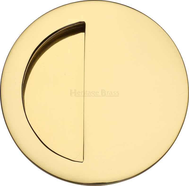 Circular Flush Pull Handle With Semi Circle Half Moon Grip - 89mm Diameter - Polished Brass