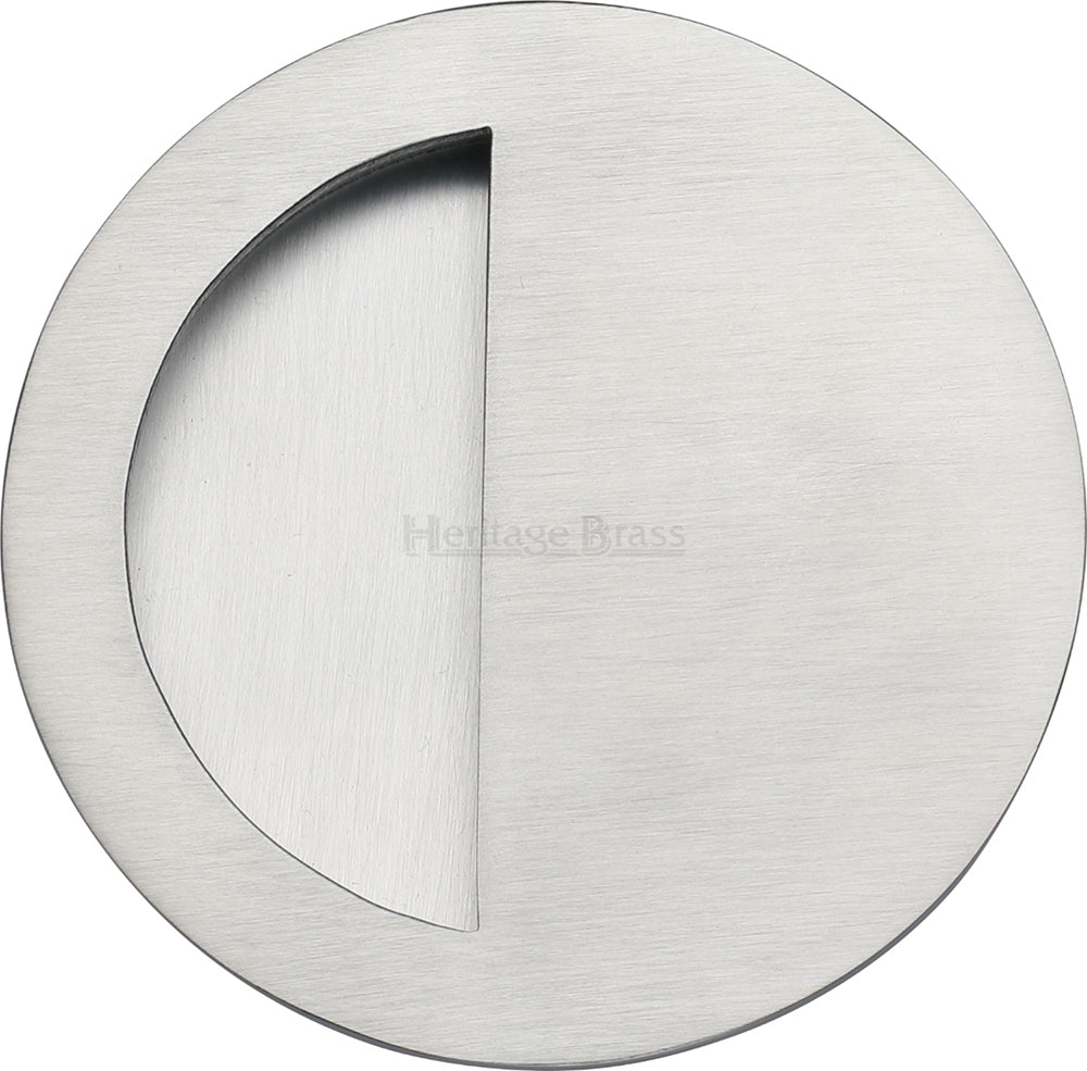 Circular Flush Pull Handle With Semi Circle Half Moon Grip - 89mm Diameter - Satin Chrome