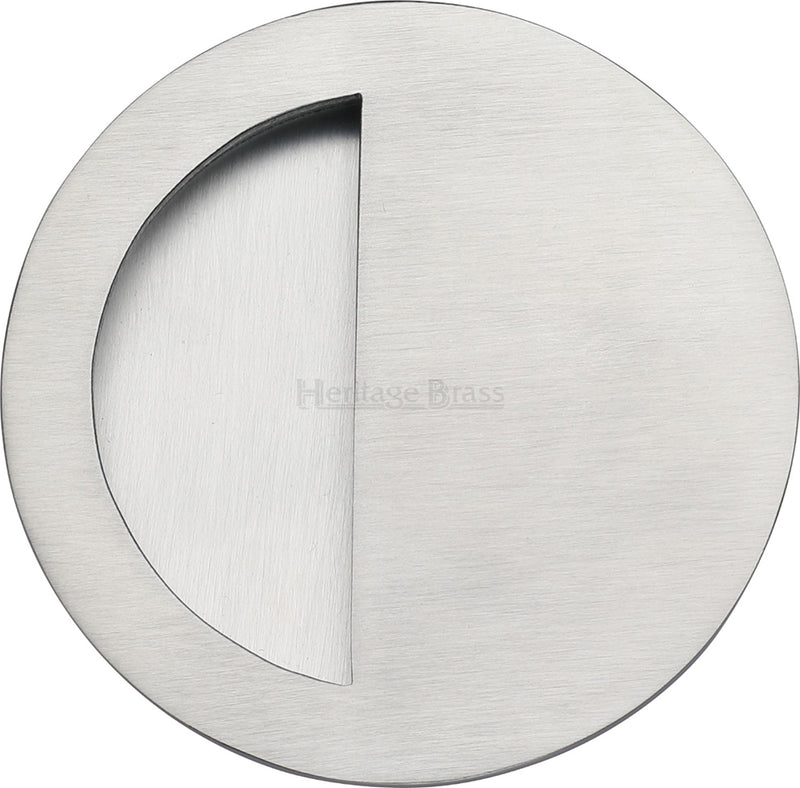 Circular Flush Pull Handle With Semi Circle Half Moon Grip - 89mm Diameter - Satin Chrome