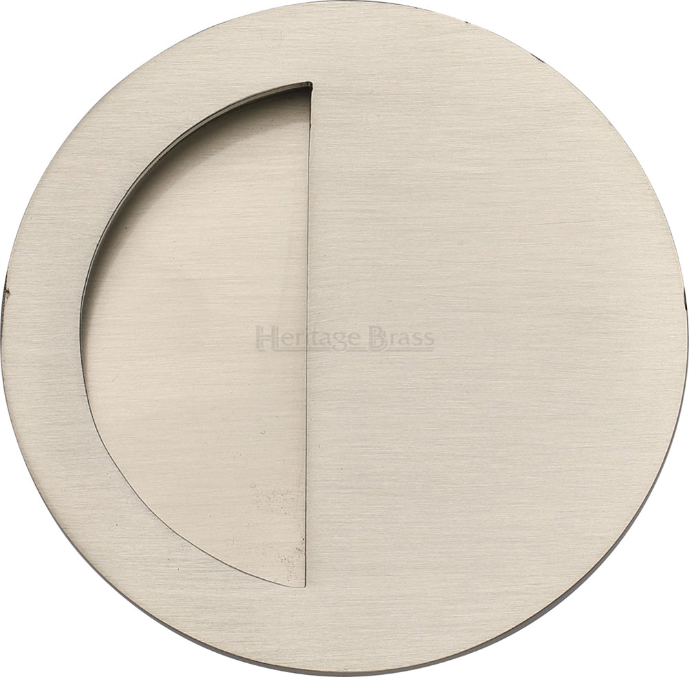 Circular Flush Pull Handle With Semi Circle Half Moon Grip - 89mm Diameter - Satin Nickel