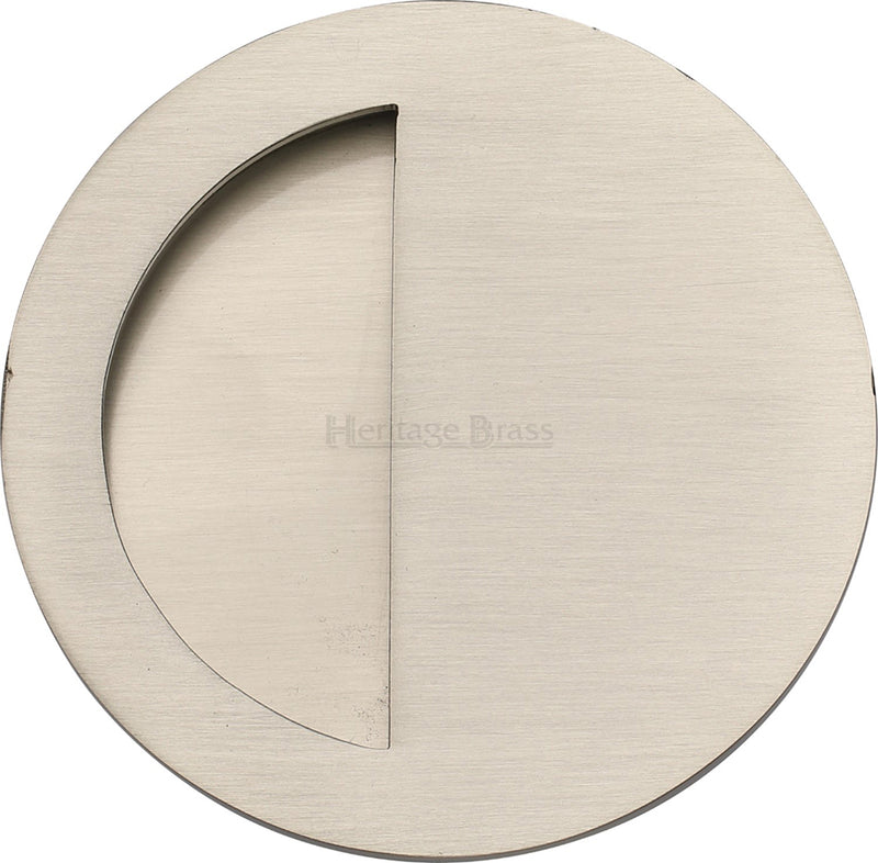 Circular Flush Pull Handle With Semi Circle Half Moon Grip - 89mm Diameter - Satin Nickel