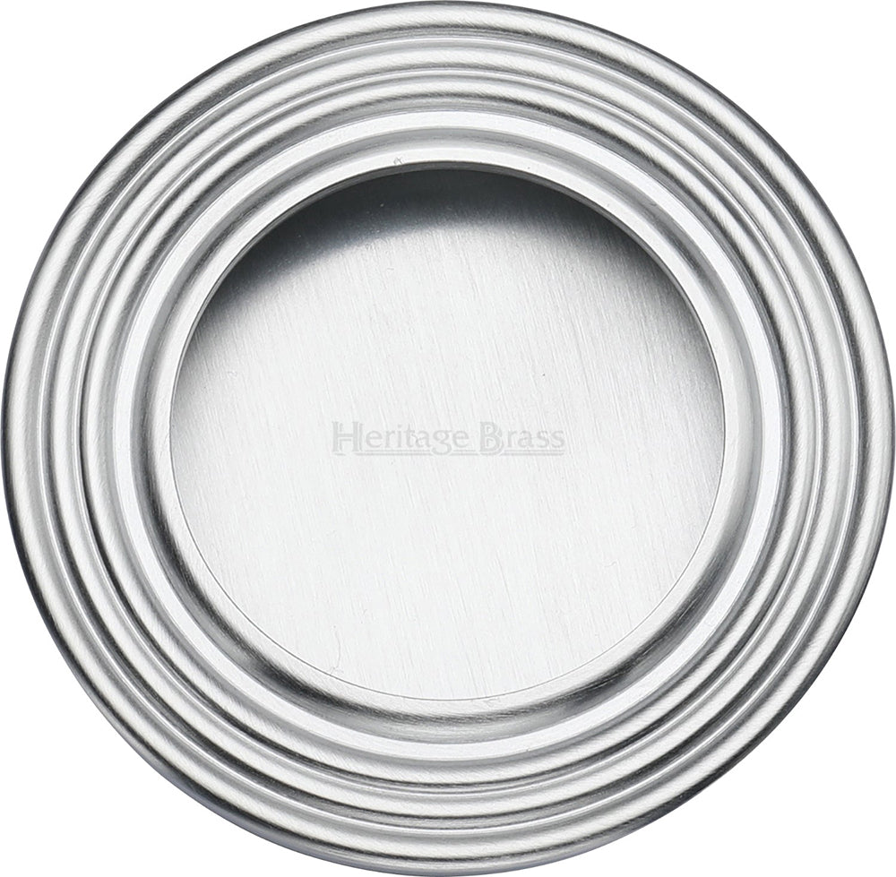 Circular Reeded Flush Pull Handle For Sliding Pocket Doors - 63mm Diameter - Satin Chrome