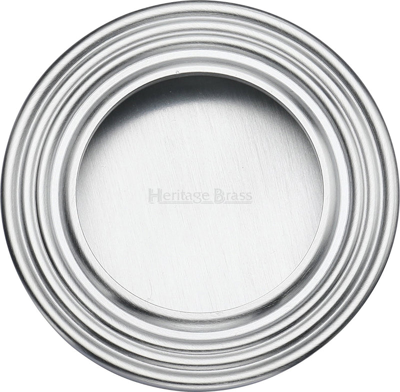 Circular Reeded Flush Pull Handle For Sliding Pocket Doors - 63mm Diameter - Satin Chrome