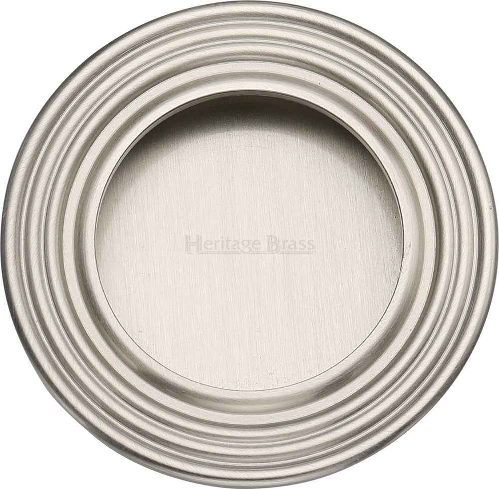 Circular Reeded Flush Pull Handle For Sliding Pocket Doors - 63mm Diameter - Satin Nickel