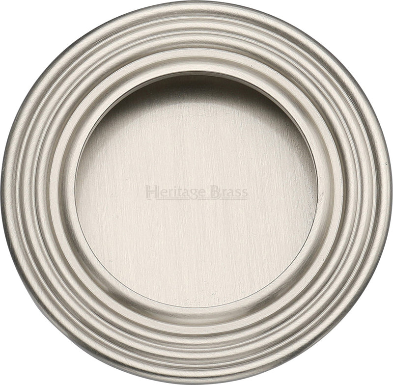 Circular Reeded Flush Pull Handle For Sliding Pocket Doors - 63mm Diameter - Satin Nickel
