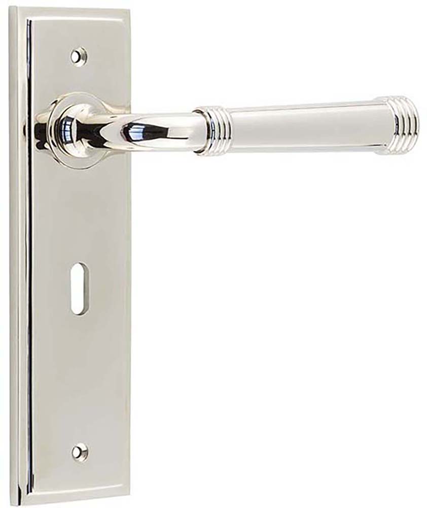 Classic Pattern Lever Handle With Ring Detail On A Large Rectangular Backplate - Polished Nickel