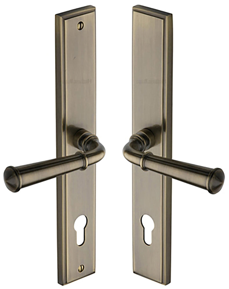 Colonial Lever Multi Point Door Lever Handles - 92mm Euro Centres - 259mm Bolt Centres - 285mm x 44mm Back Plate - Antique Brass