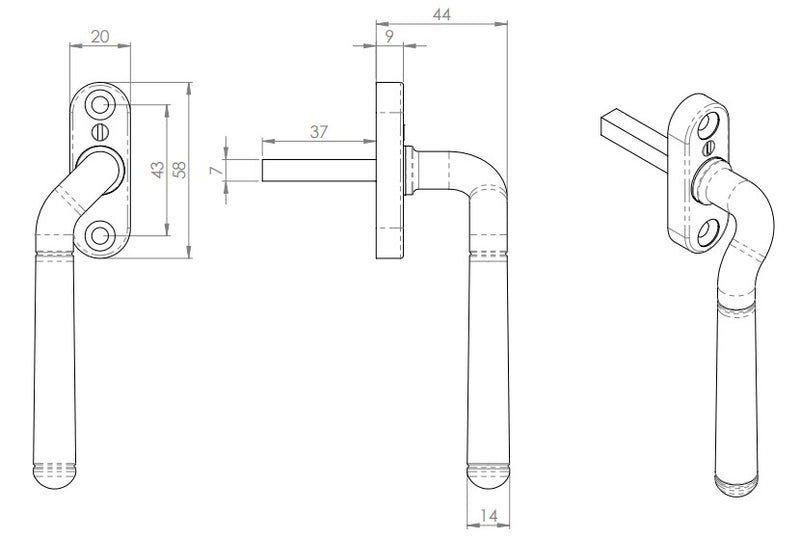 Cranked Locking Espagnolette Handle - Window Fastener - Left & Right Hand - Polished Brass