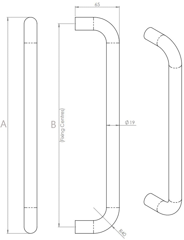 D Shaped Pull Handle - Two Sizes Available - Bolt Through Fixing - Diagram