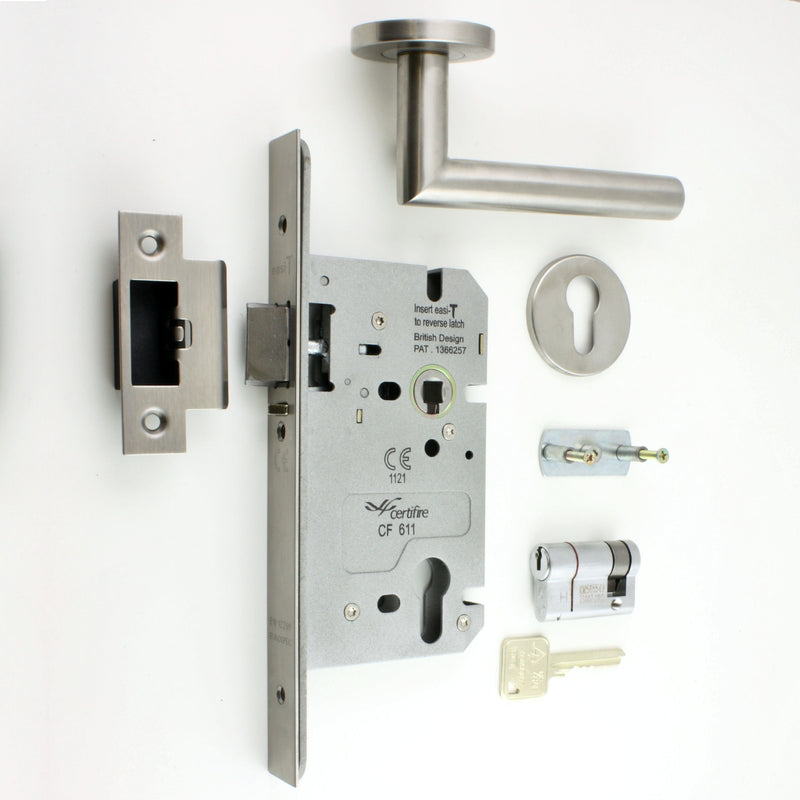 DIN Style Anti-Thrust Mortice Night Latch - Complete Set - With Handles & Cylinder - Satin Stainless Steel