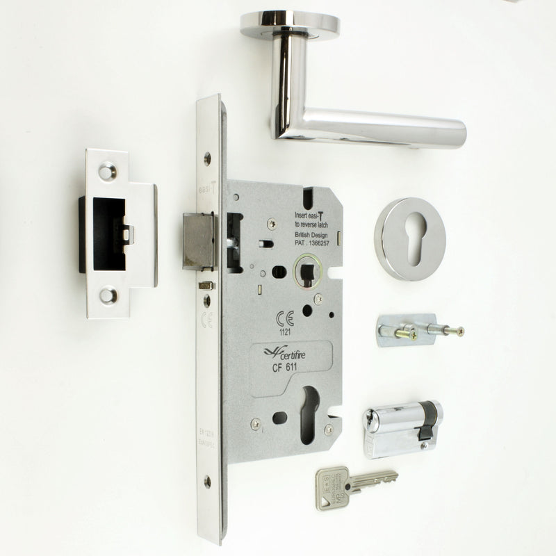 DIN Style Anti-Thrust Mortice Night Latch - Complete Set - With Handles & Cylinder - Polished Stainless Steel