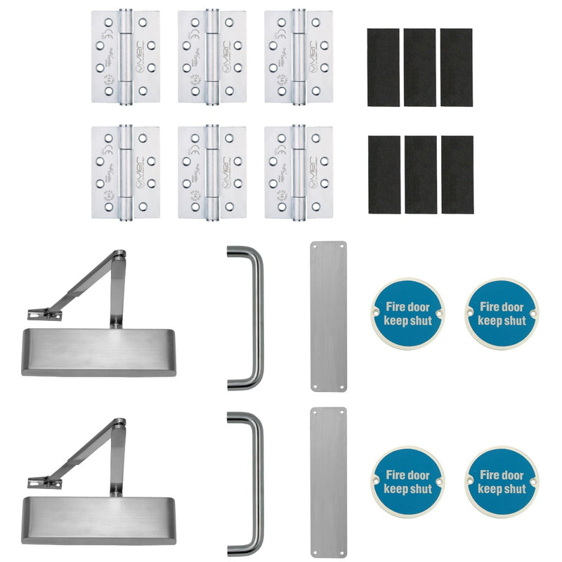 Double Door Lobby / Corridor Ironmongery Kit - Suitable For FD30 & FD60 Fire Doors - Satin Stainless Steel Ironmongery