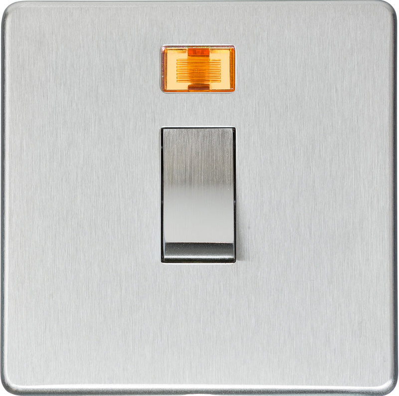 Double Pole Switch With Neon Light - Studio Concealed Fix Plate Light Switch & Socket Range - Flat Screwless Plate With Rounded Edges - Satin Chrome